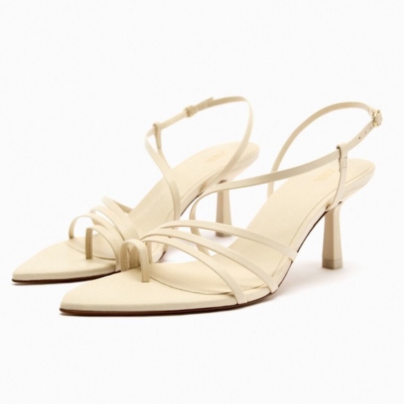 NWT ZARA Pointed Toe Heeled Leather Sandals White Women’s Size 6.5 - Picture 2 of 8